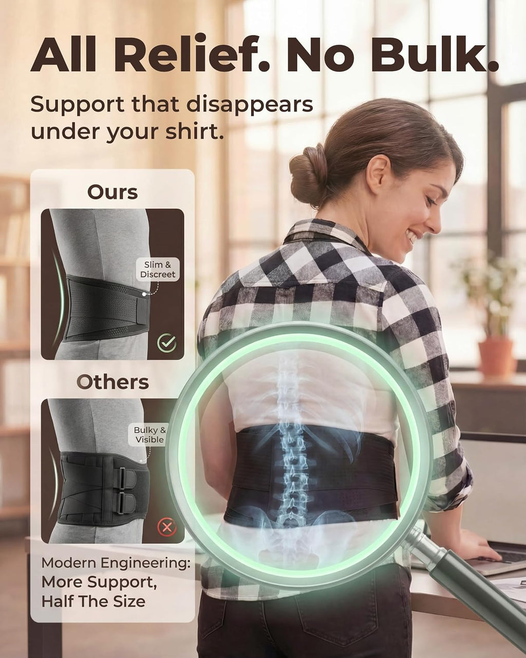 Low-profile Sparthos back brace worn discreetly under clothing