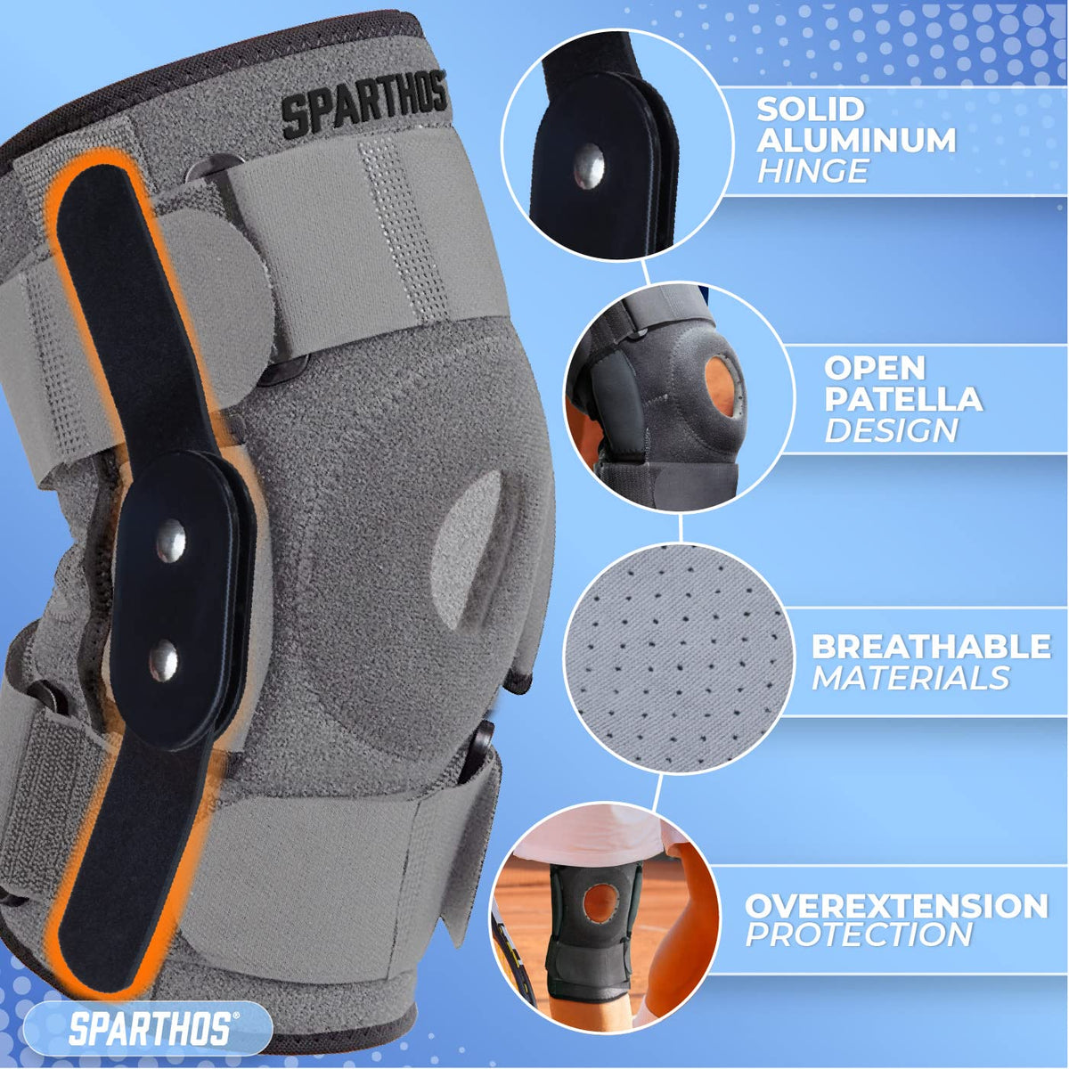 Sparthos knee brace features: dual aluminum side hinges and four straps