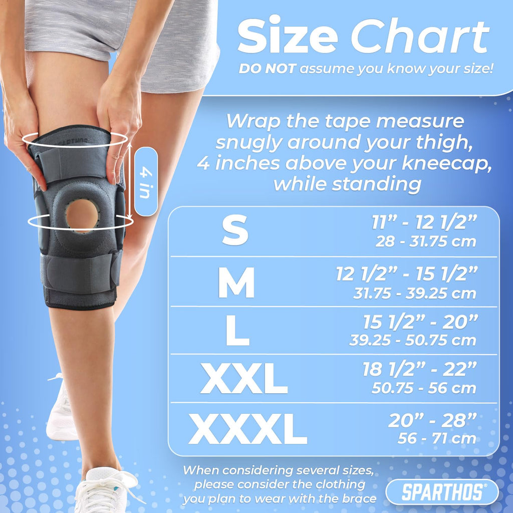 Sparthos hinged knee brace size chart by knee circumference