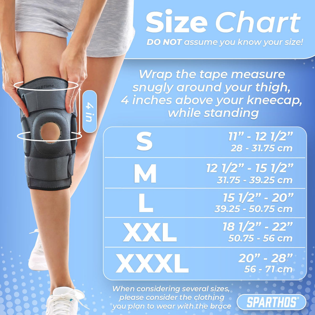 Sparthos hinged knee brace size chart by knee circumference